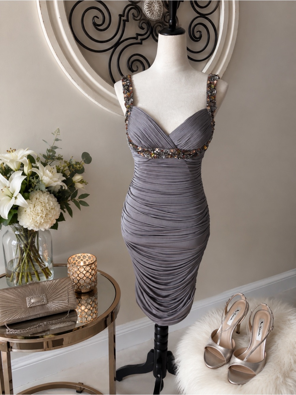 Cache Beaded Ruched Cocktail Dress Gray Taupe Embellished Sweetheart Bodycon